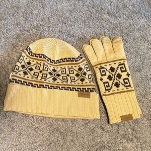 Pendleton Cream and Brown Patterned Knit Hat and Gloves